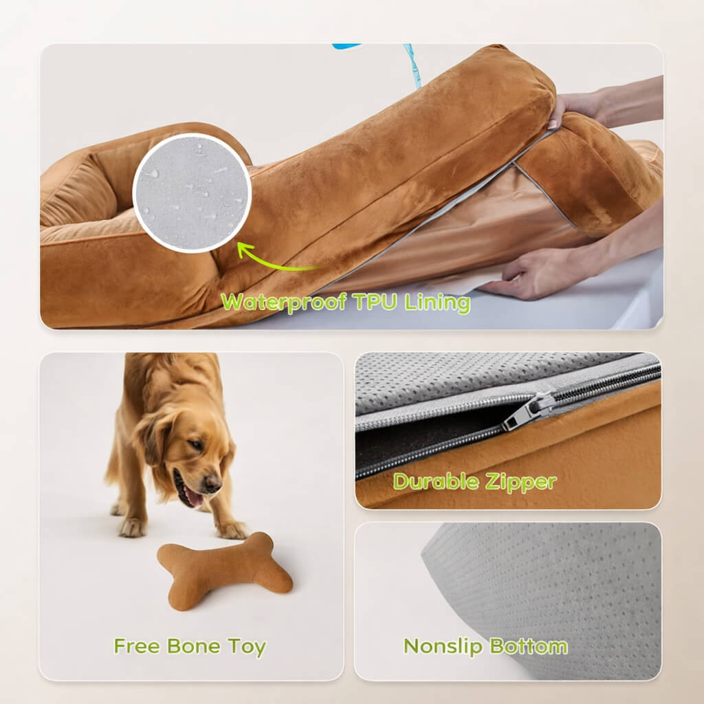 Orthopedic Dog Bed with waterproof TPU lining, durable zipper, and nonslip bottom, featuring a bone toy.