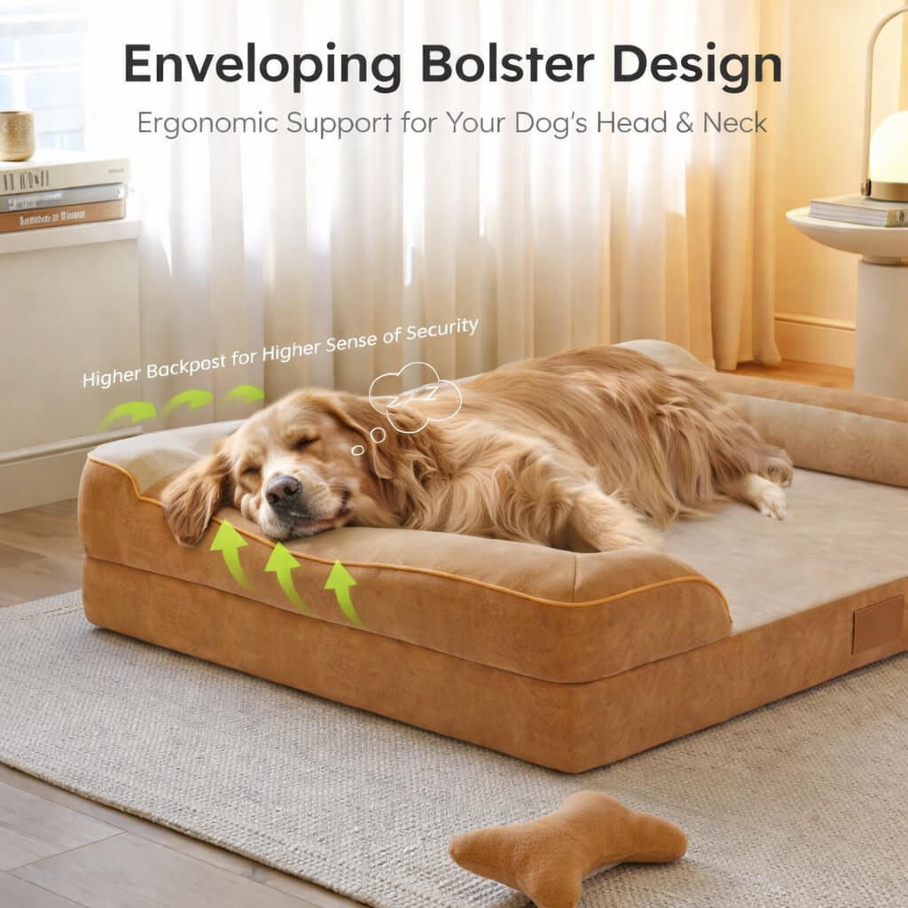 Dog lying on a brown Orthopedic Dog Bed with text highlighting its enveloping bolster design and ergonomic support.