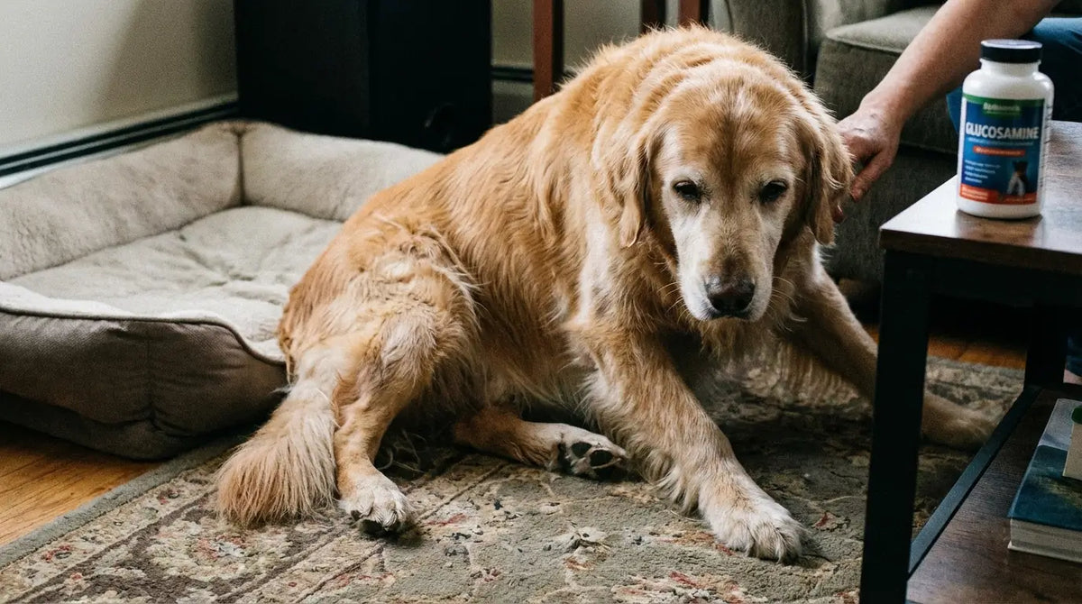 Golden retriever dog sitting on a Orthopedic Dog Bed next to a person and a supplement bottle.