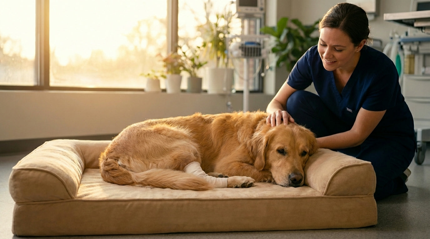 Woman petting a golden retriever on a large dog bed in a veterinary clinic.