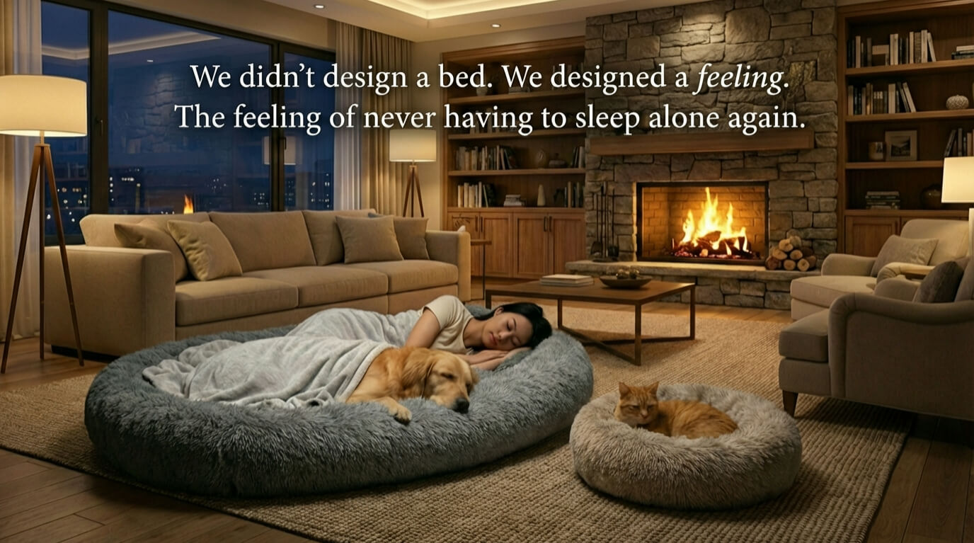 Cozy living room with a large dog bed, fireplace, and quote about designing a feeling of never having to sleep alone again.