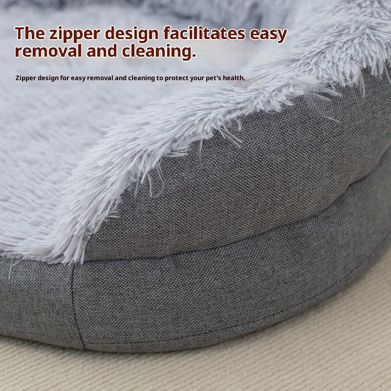 Gray Orthopedic Calming Dog Bed with zipper design for easy removal and cleaning on a beige surface.