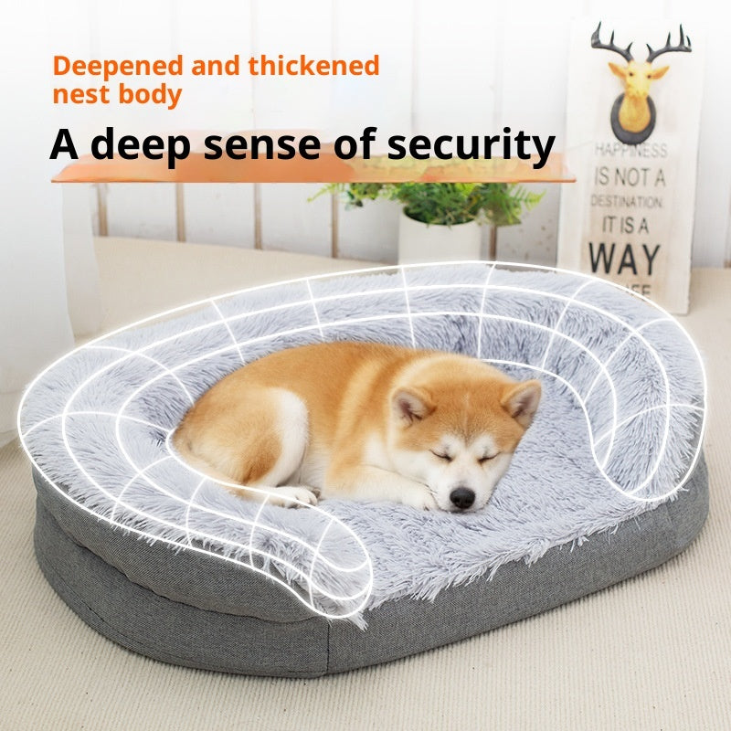 Dog lying on a gray Orthopedic Calming Dog Bed with text about its thickened design.
