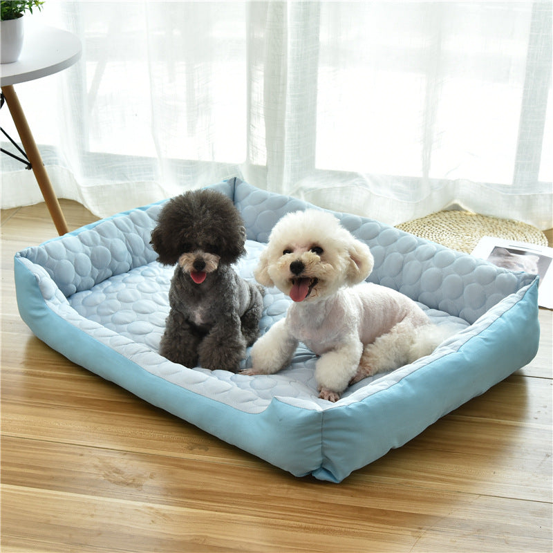 Two dogs relaxing on a light blue orthopedic dog bed designed by Gentle Jaws
