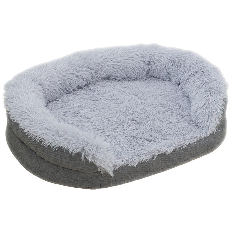 Gray Orthopedic Calming Dog Bed with fluffy texture on a white background