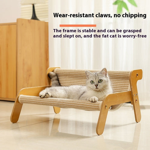 Cat lounging on a wooden and wicker Outdoor Cat Bed with text about wear-resistant claws and stable frame.